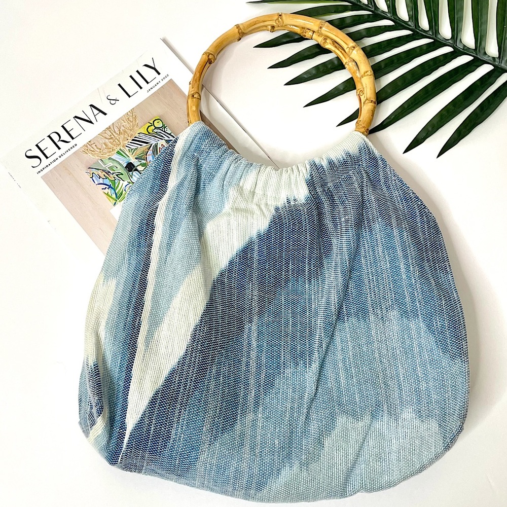 Boho Bamboo Handle Blue Tie Dye Gradient Ombré Satchel Tote Handbag